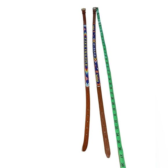 2 Vintage 70s Thin Brown Leather Beaded Belts Size 36” main image 5